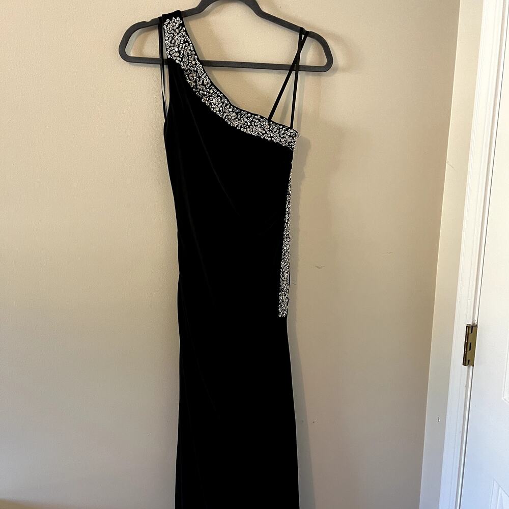 Betsy & Adam Elegant Black Glam Sequin Maxi One Shoulder Dress Women's 8